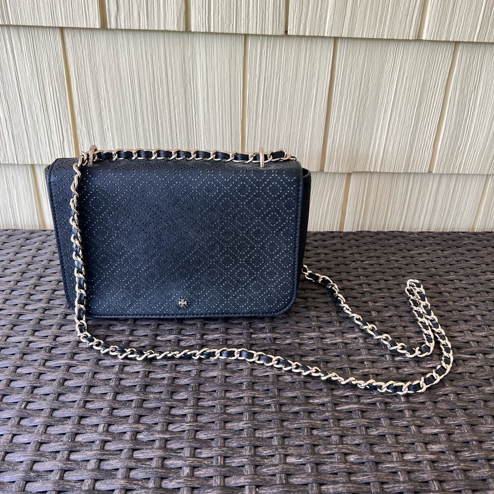 Tory Burch Black Perforated Gold Chain Bag Gem